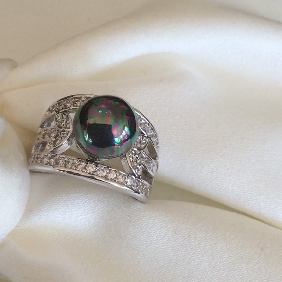 Sterling Silver Rainbow Black Pearl Ring - Picture 2 of 12